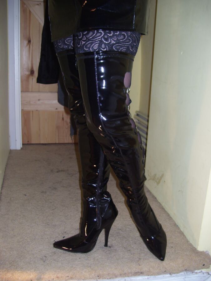 Free porn pics of Slut wife Deb in PVC dress and Thigh length boots 21 of 59 pics